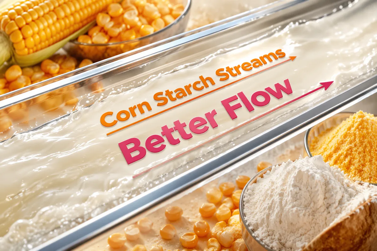 Corn starch slurry flowing through a clear channel beside corn kernels and starch powder, showing the slurry flow a wet-milling enzyme is meant to improve